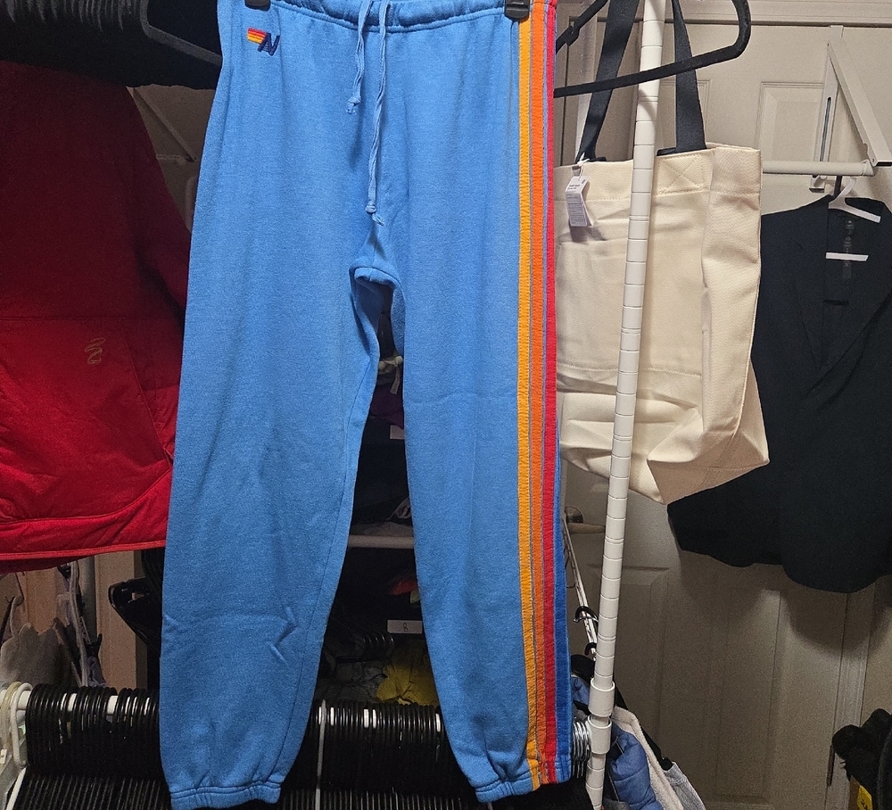 Aviator Nation Blue Joggers with Rainbow Stripe
